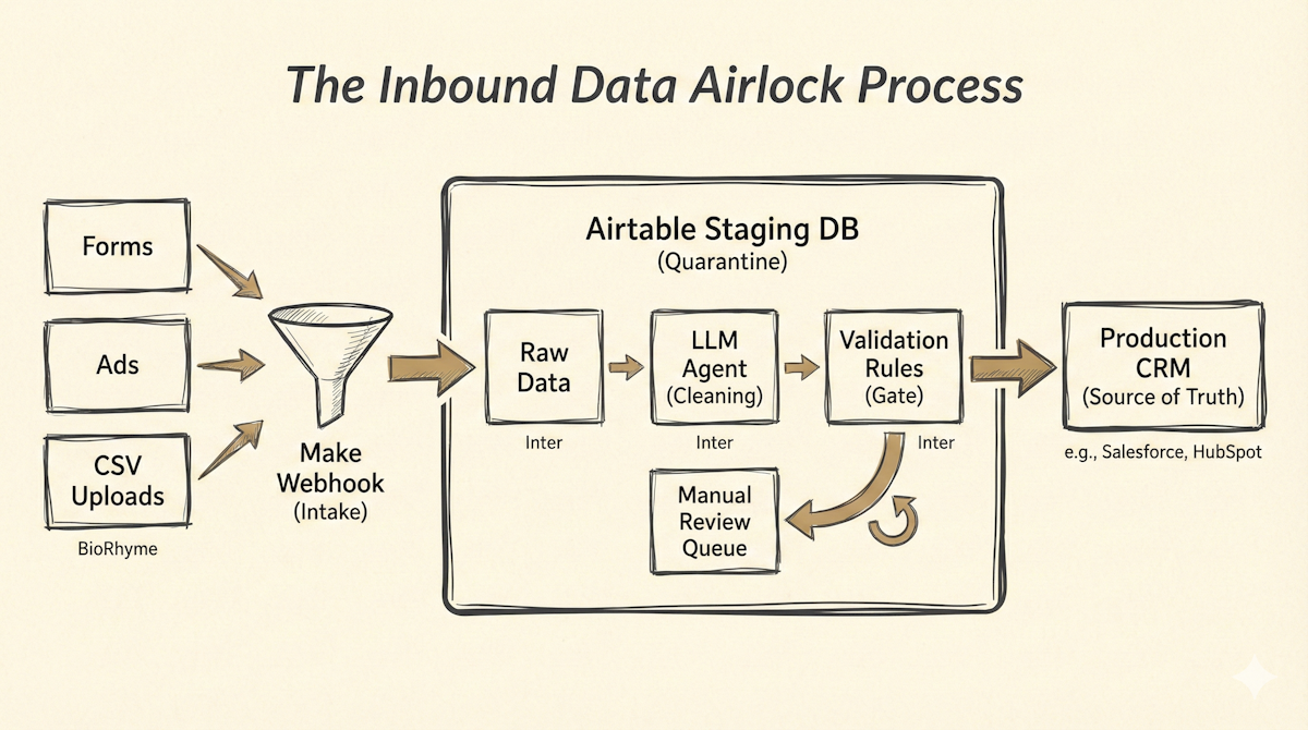 A technical architecture diagram showing data flowing from various sources into a Make webhook, then to an Airtable staging database for LLM processing and validation, and finally syncing to a CRM.