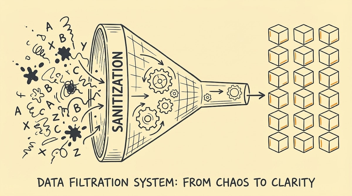 A diagram showing raw, messy data passing through a filter system and emerging as clean, organized blocks.