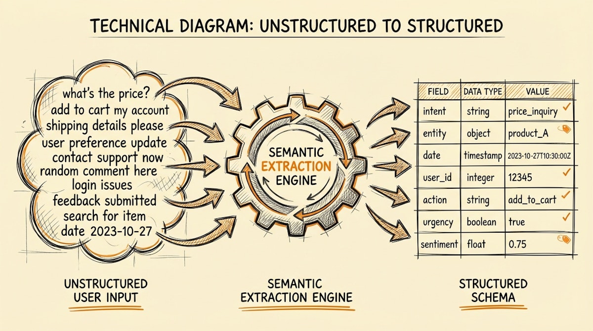Diagram showing unstructured text input being processed by an AI layer into structured database rows.