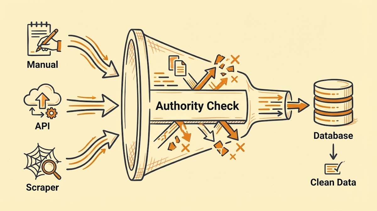Diagram illustrating data streams passing through a logic filter before entering a database