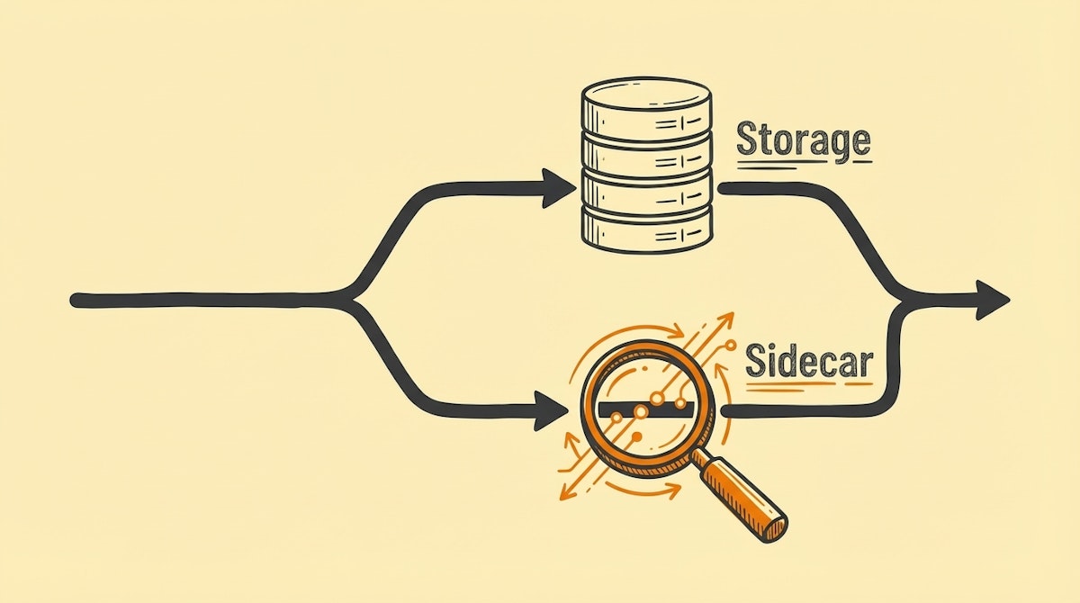 Diagram illustrating a data pipeline splitting into an operational stream and a metadata sidecar logging branch