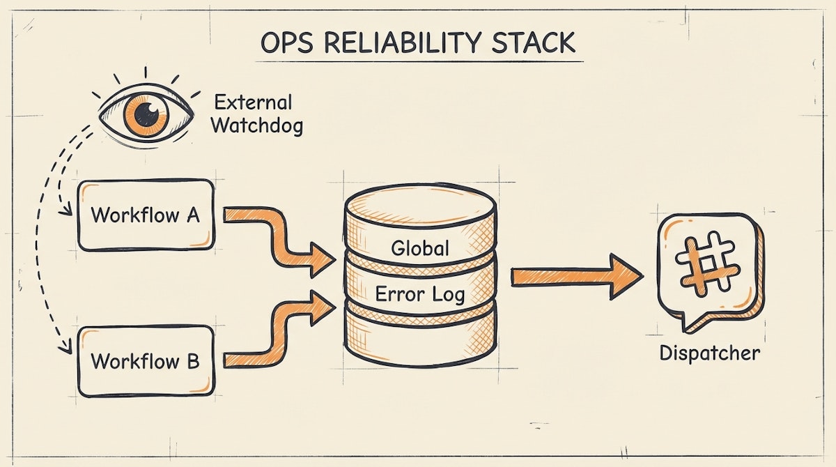 Diagram showing a centralized automation reliability stack with logging, alerting, and external monitoring layers.