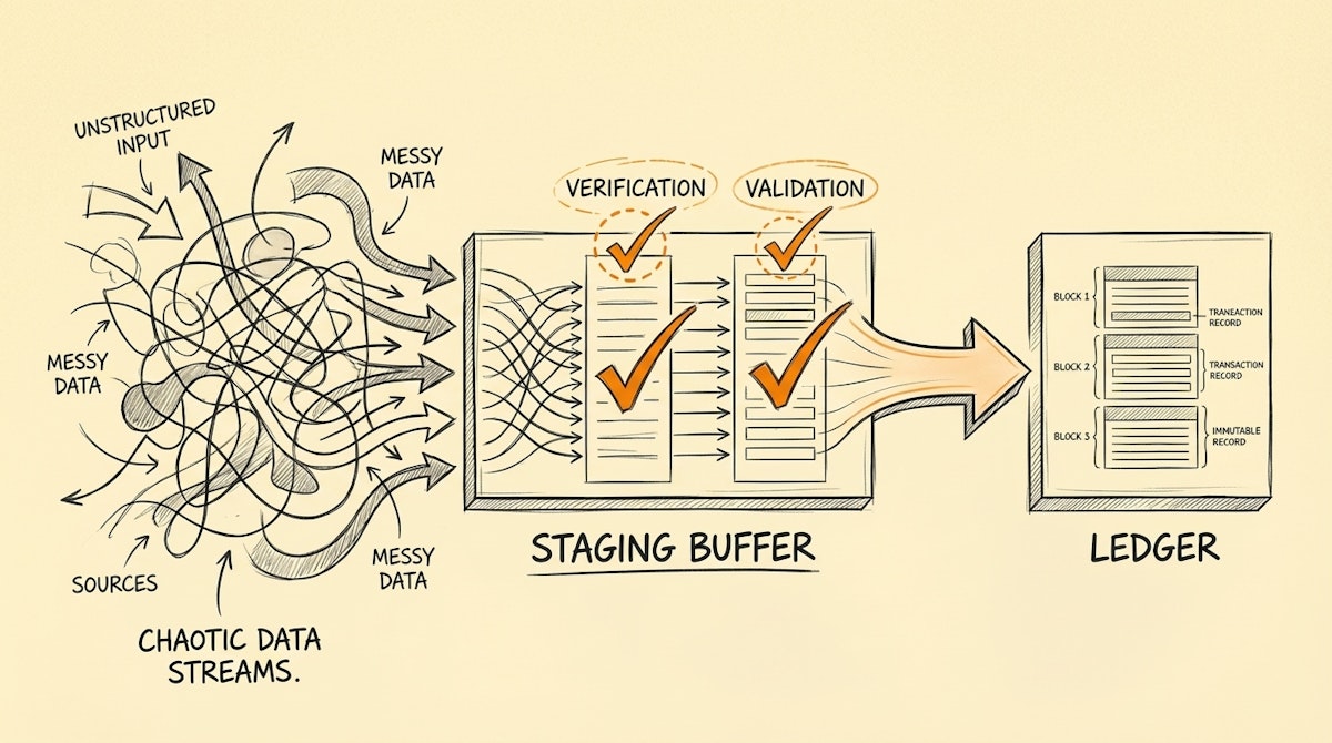 Diagram showing data flowing from payment gateways into a central validation engine before entering the accounting ledger.