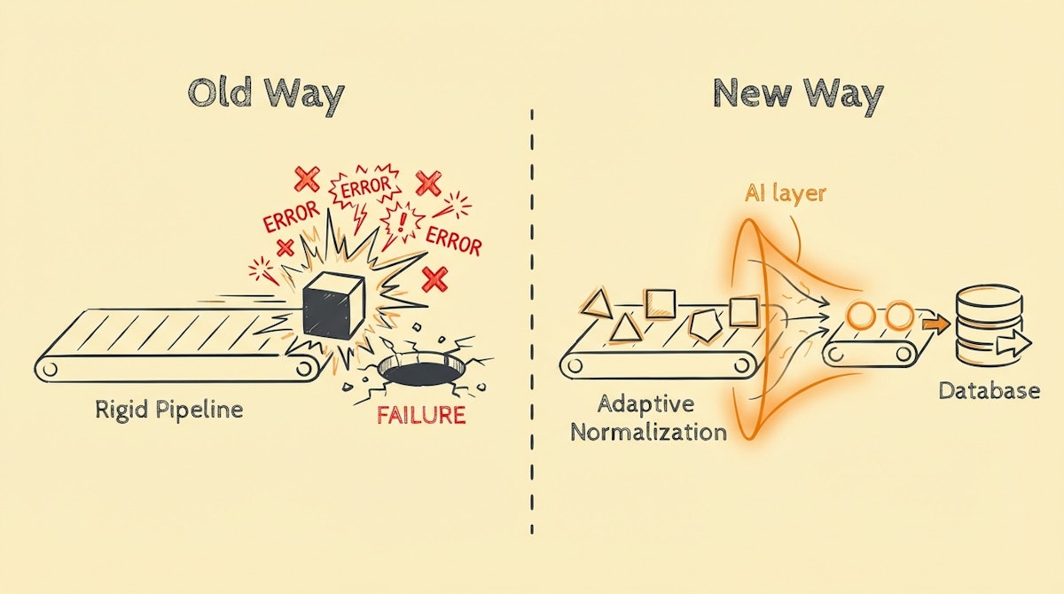 Diagram comparing a broken linear data pipeline versus a self-healing adaptive normalization pipeline using an AI layer.