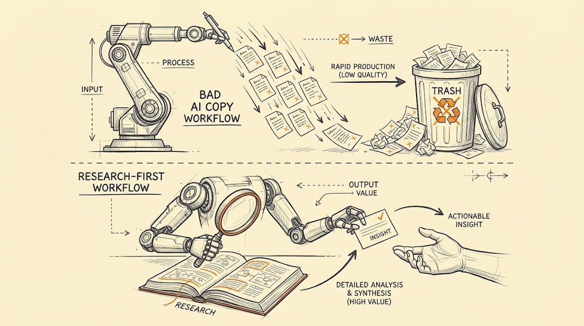 Diagram comparing a robotic arm writing letters versus a robotic arm analyzing data