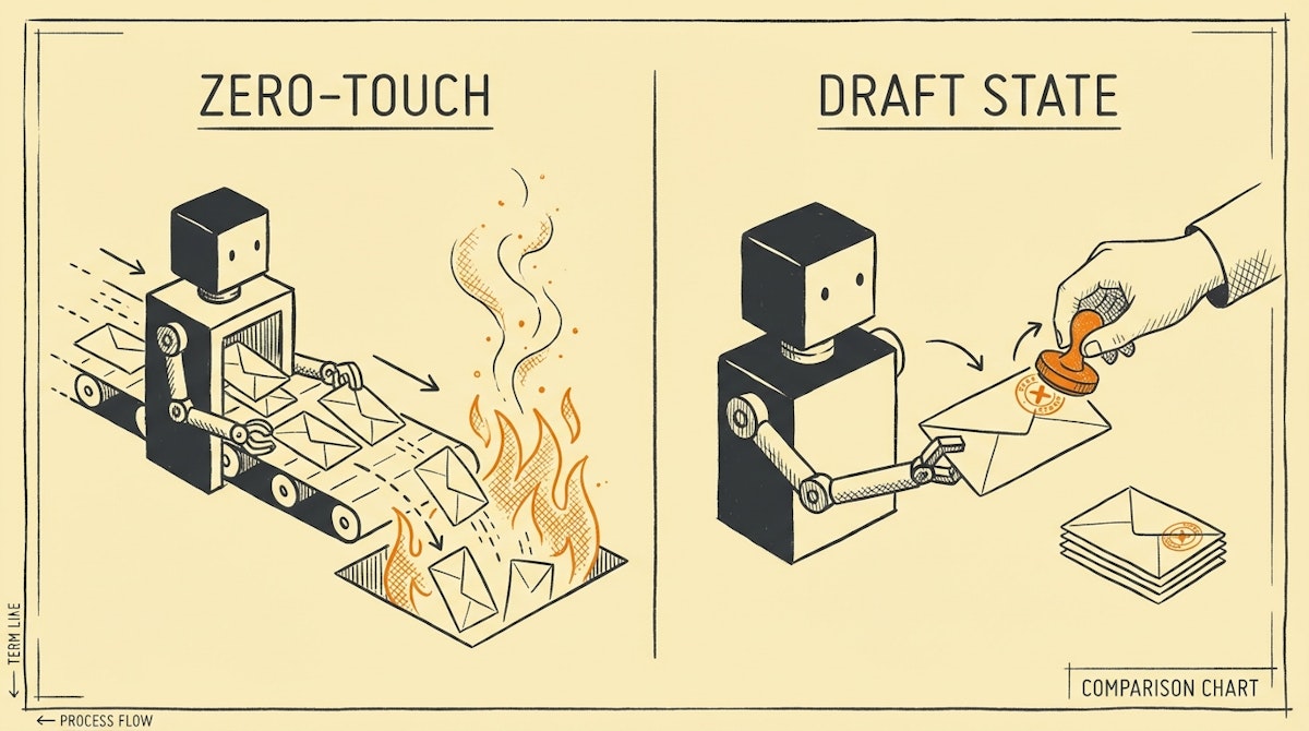 Diagram comparing a fully automated black box process versus a human-in-the-loop draft state process.