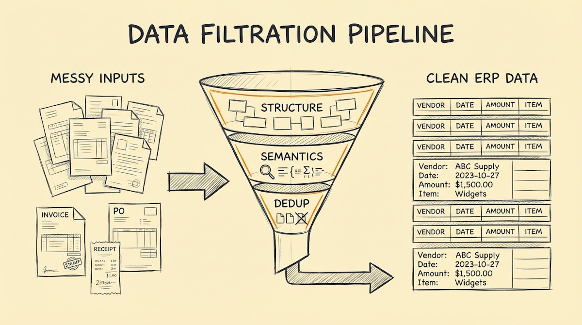 Diagram of a financial data sanitation pipeline showing raw data passing through validation gates before entering an ERP.