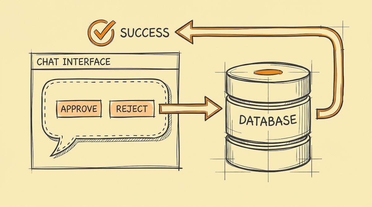 Diagram of a chat interface message with interactive buttons connecting to a financial database.