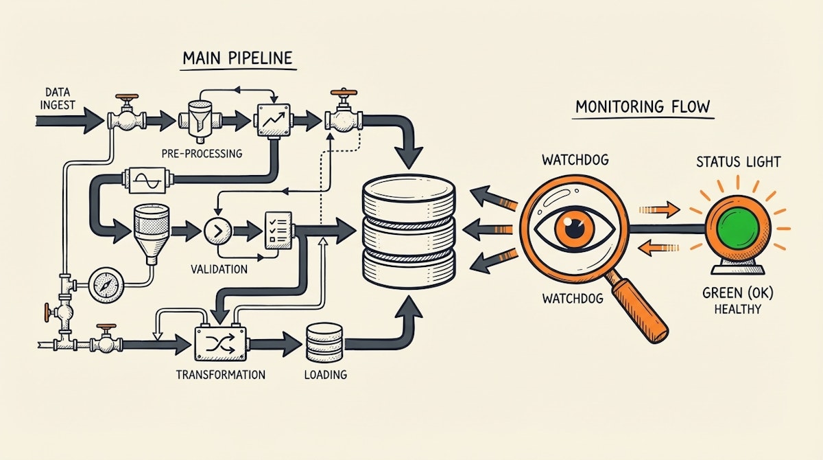 Diagram showing a watchdog automation checking data freshness independently of the main pipeline