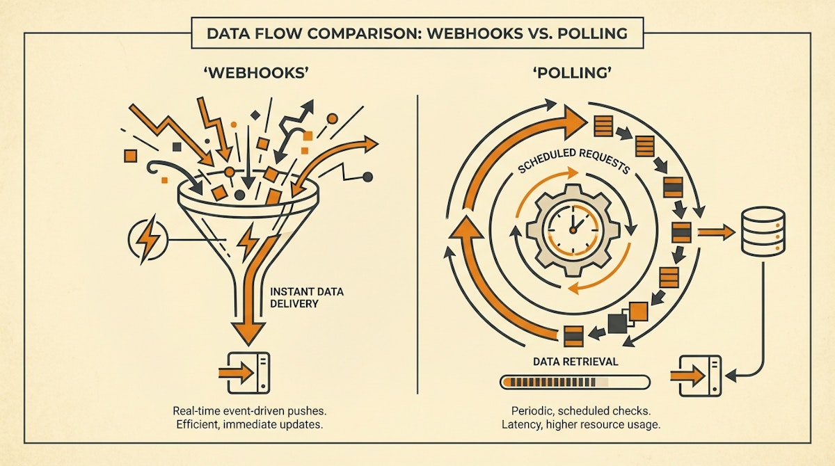 Diagram comparing Webhook push architecture vs Polling pull architecture.