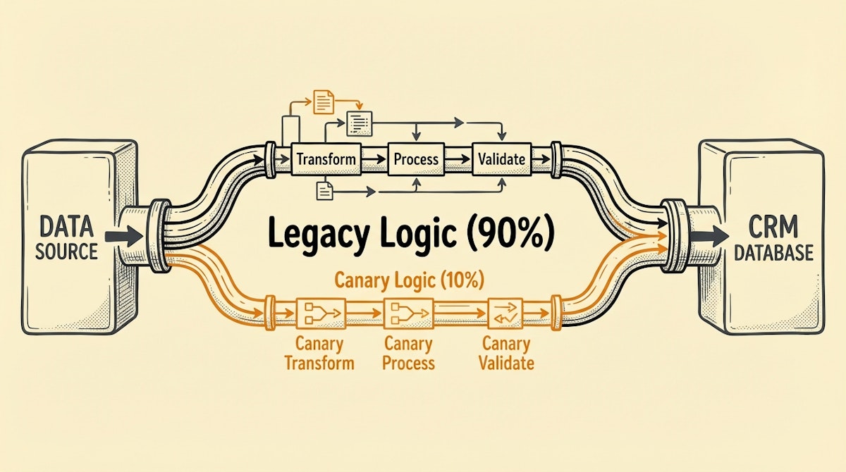 A diagram showing a data stream splitting into a large 90% flow and a small 10% canary flow.