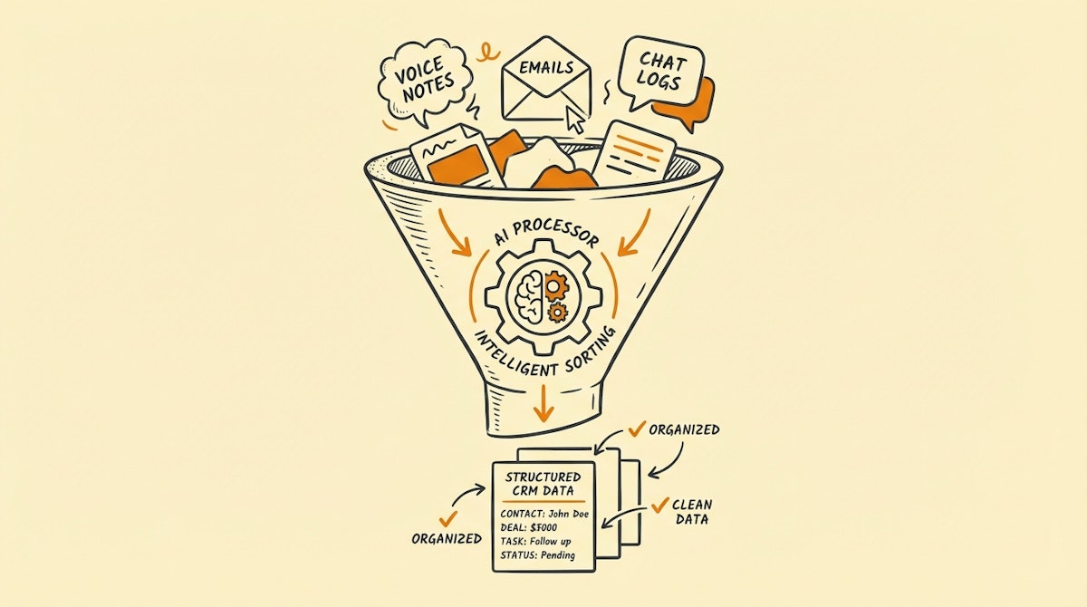 A diagram illustrating messy unstructured data entering a funnel and being processed by AI into structured CRM blocks.