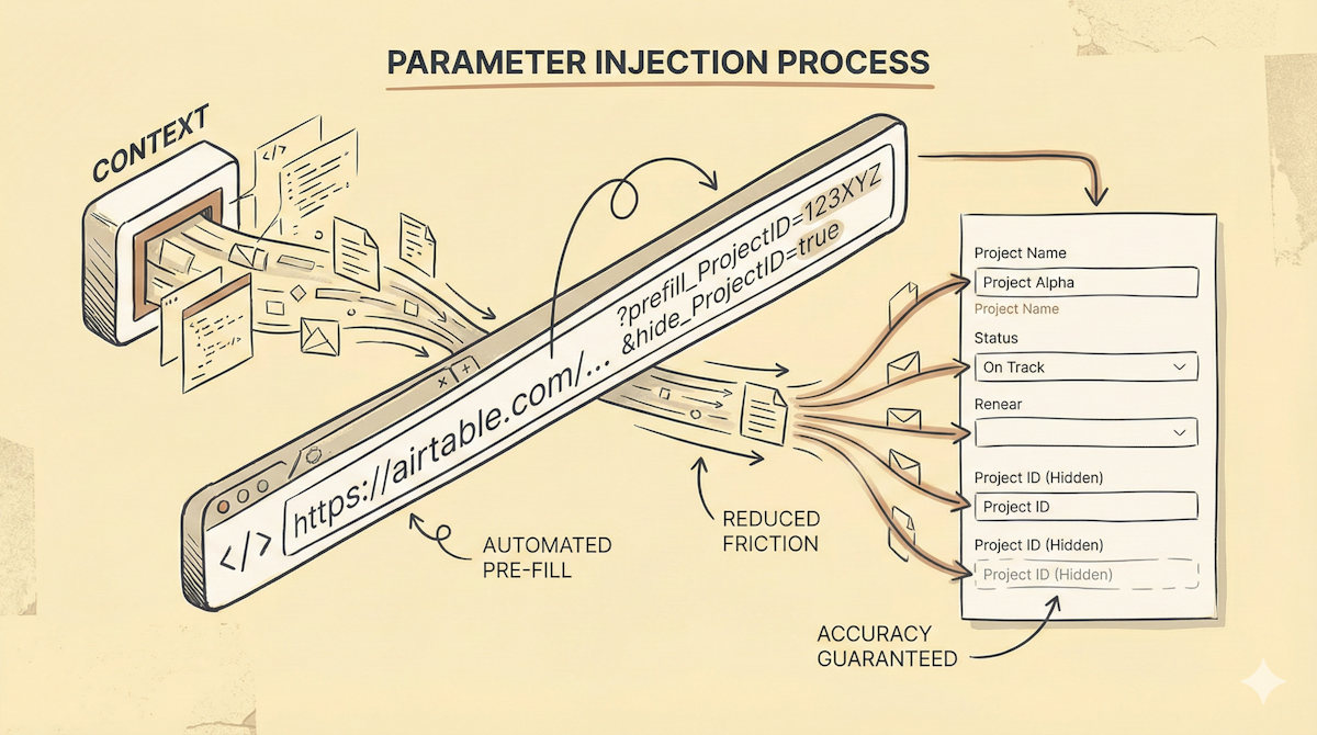 Technical schematic showing a data packet traveling via URL into a form field, bypassing manual entry.