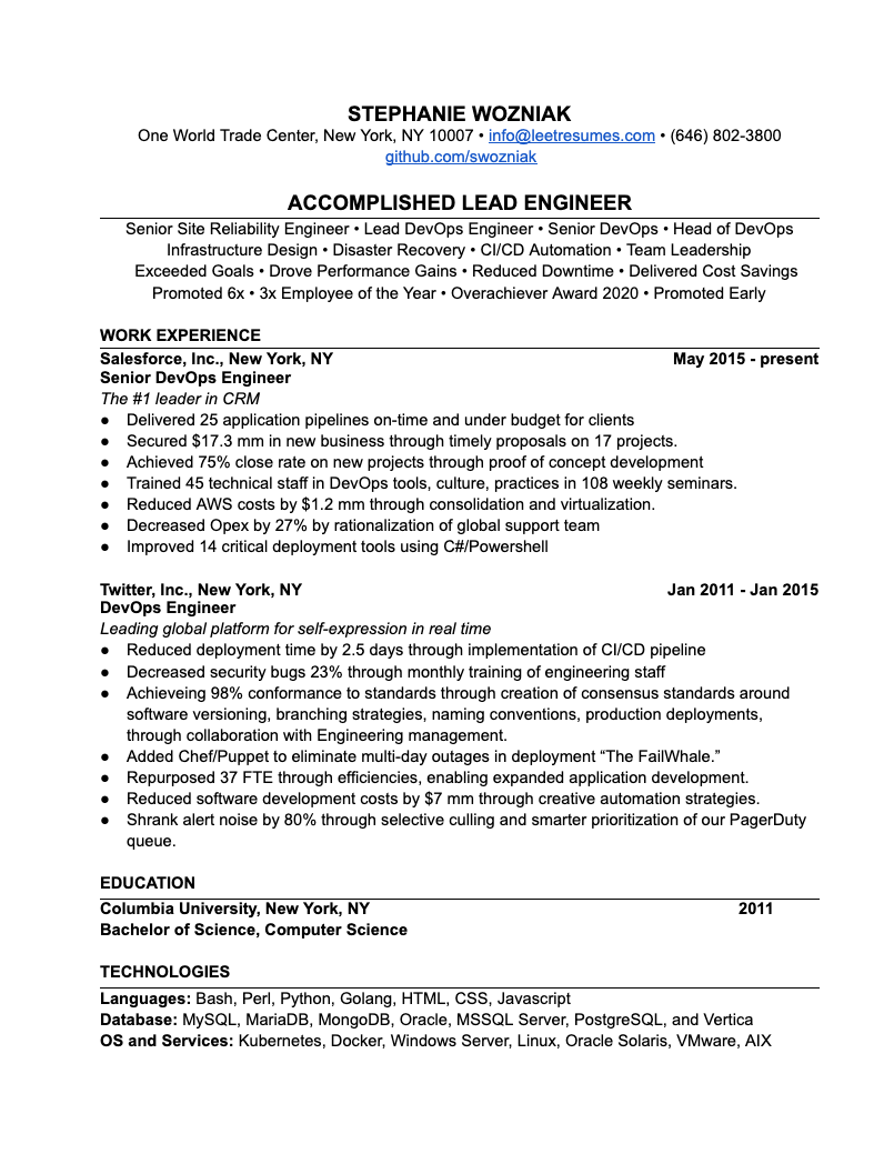 Software Engineering Resume example