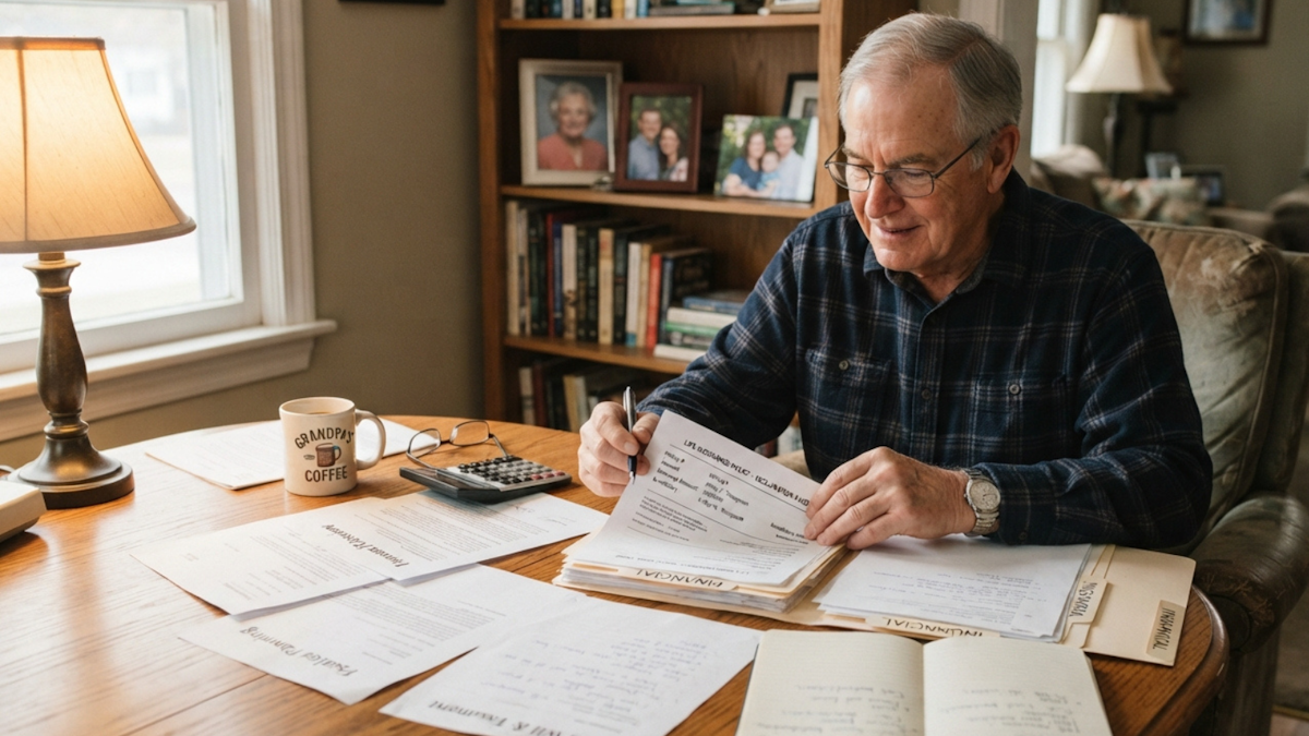 Older adult reviewing household bills and retirement expenses at a kitchen table.