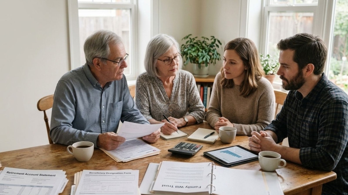 Older couple reviewing retirement account and beneficiary documents with their adult children