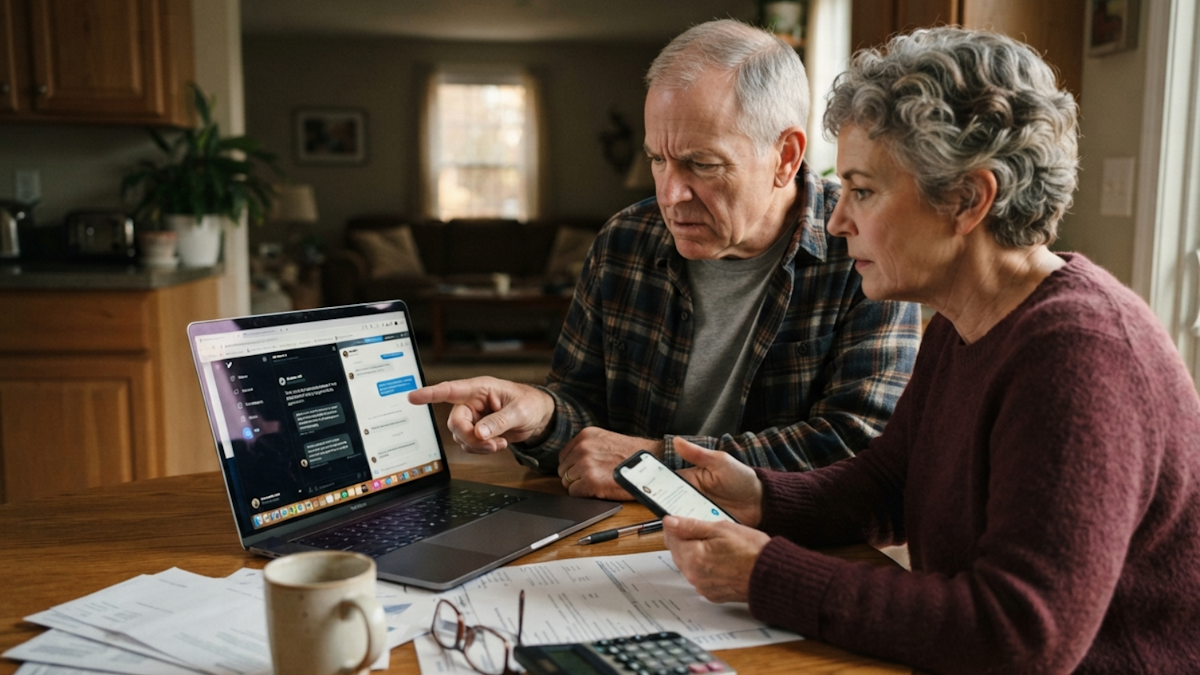 Older couple reviewing social media and financial information on a laptop and smartphone