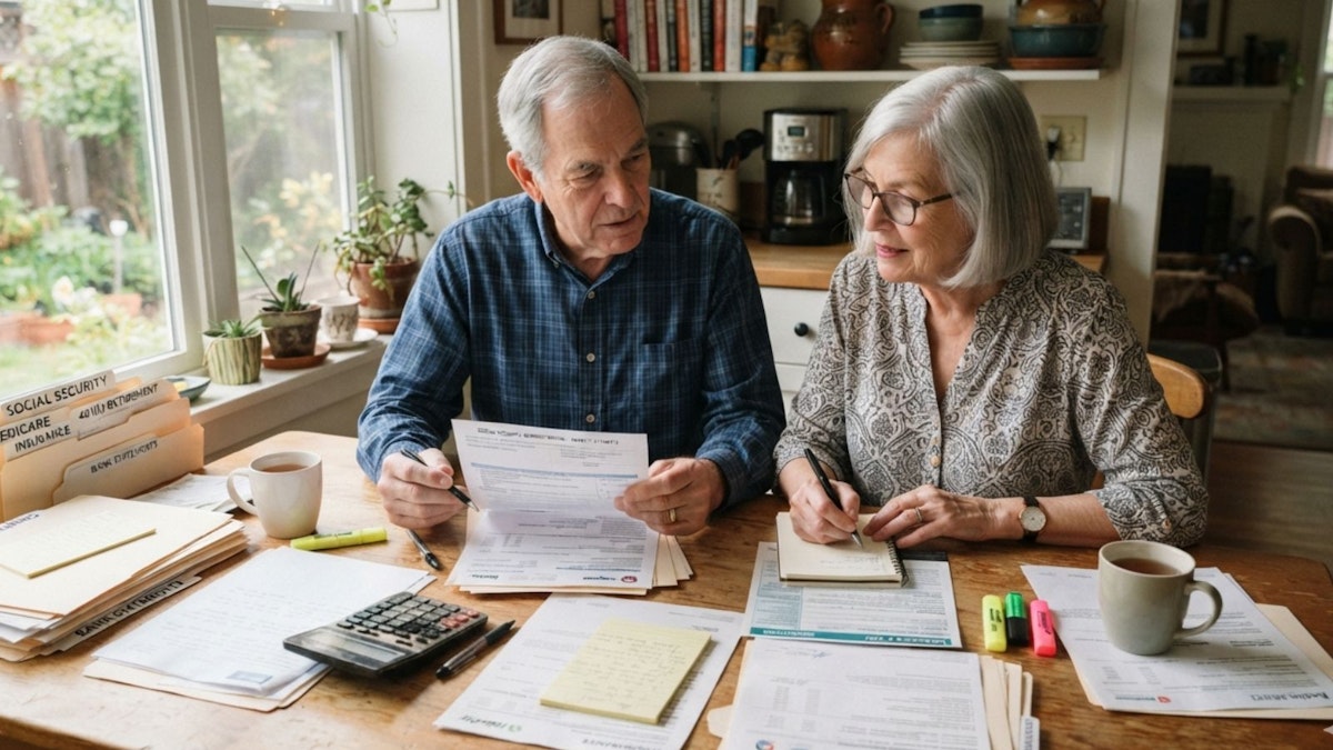 Newly retired couple reviewing financial documents and retirement planning paperwork at a kitchen table