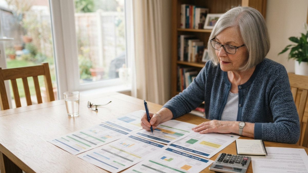 Older adult comparing life insurance settlement offers and reviewing financial documents at a table.