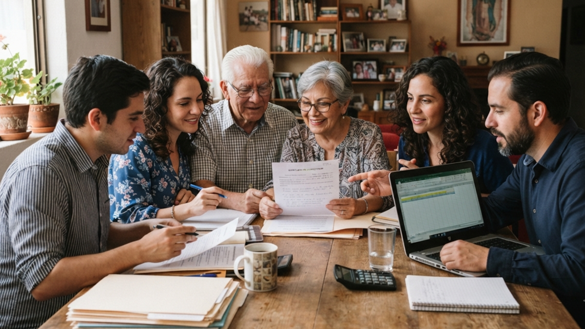 Multigenerational family reviewing estate planning and beneficiary documents together at a dining room table