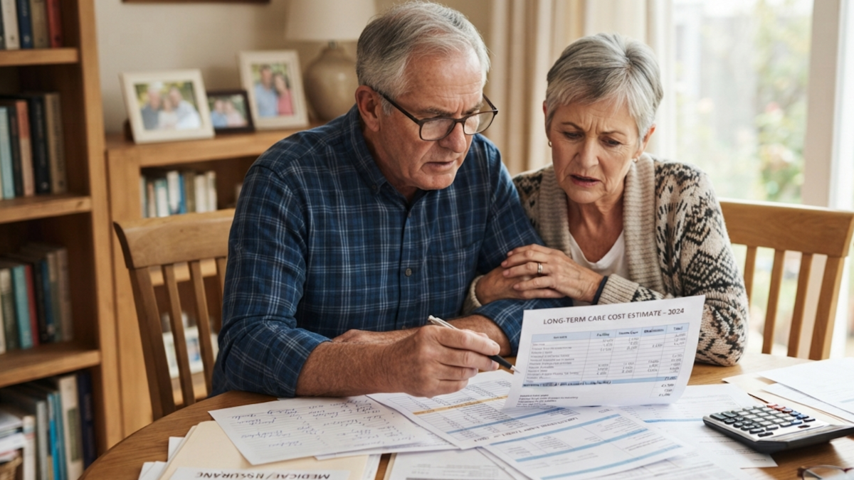 Senior couple reviewing long-term care planning documents and retirement finances at a dining room table