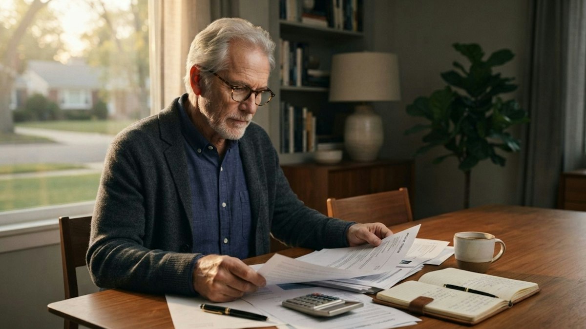 Older American reviewing life insurance policy documents and considering his financial options.