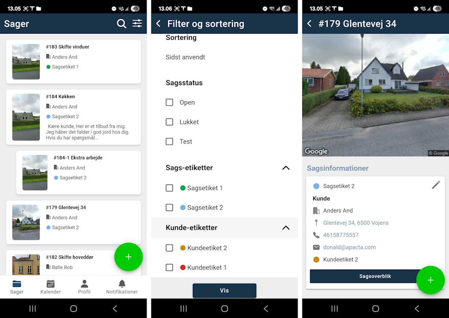 Etiketter på sager og kunder i mobil appen