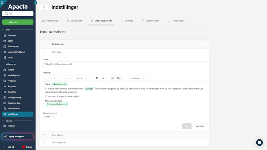Brugerdefinerede email skabeloner