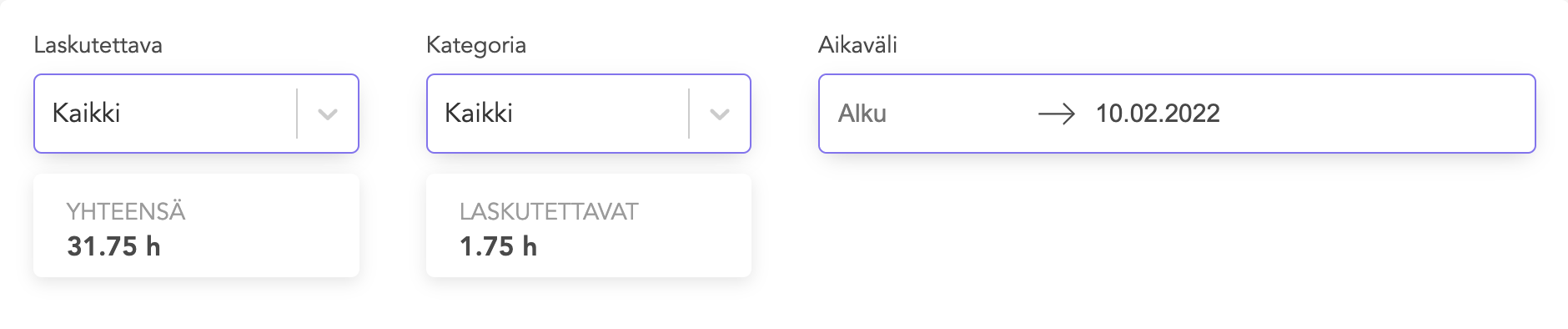 Kuvakaappaus Shiftistä, jossa näkyy projektisivulta löytyvät tuntierittelyn suodatustyökalut: kirjausten laskutettavuus, kategoria, aikaväli. Lisäksi näkyy yhteenveto projektin tunneista, jotka vastaavat hakukriteerejä, tässä esimerkissä kaikki tunnit: 31,75h ja laskutettavat tunnit: 1,75h.