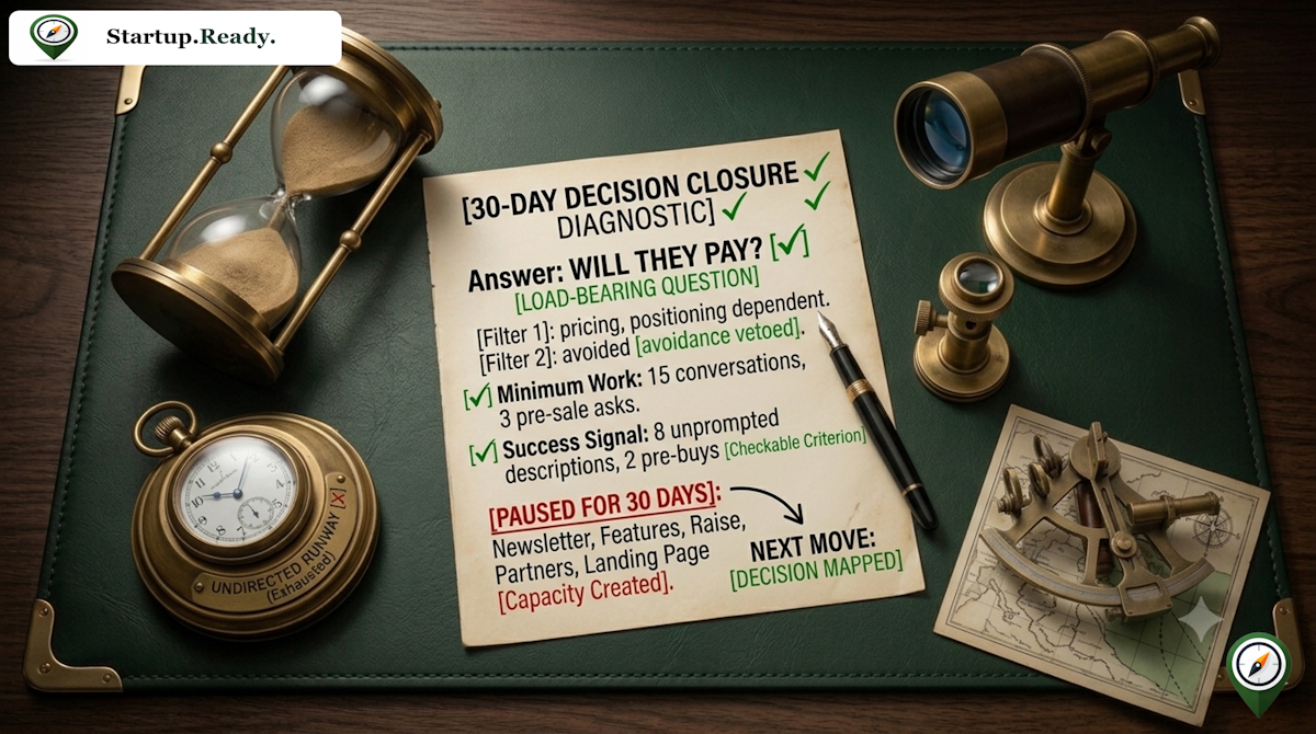 Startup customer research illustration explaining a 30-day decision closure diagnostic to answer the willingness-to-pay question, tracking pre-sale asks and unprompted descriptions while pausing non-essential tasks.