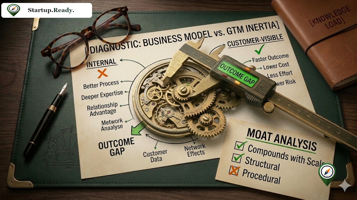 Startup diagnostic illustration analyzing business model versus GTM inertia, evaluating customer-visible outcome gaps against internal capabilities while conducting moat analysis across scale compounding and structural advantage.