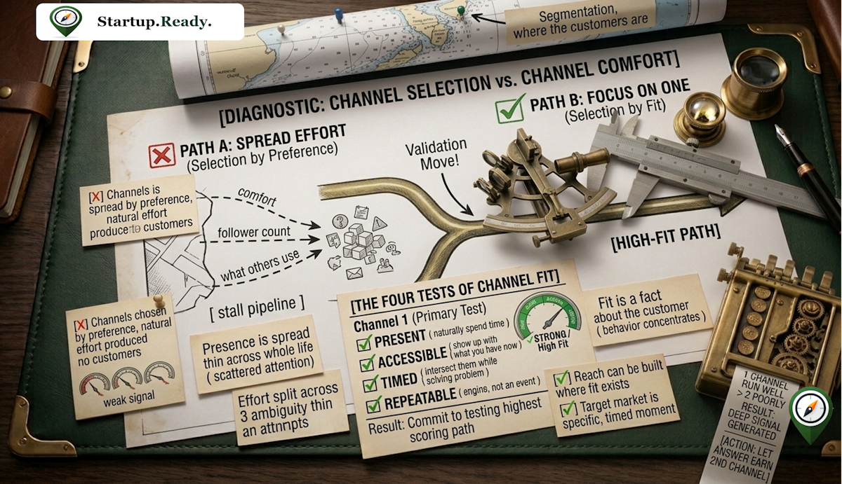 Startup channel strategy illustration contrasting spread channel preferences with focused high-fit channel selection, utilizing the four channel fit tests: present, accessible, timed, and repeatable.