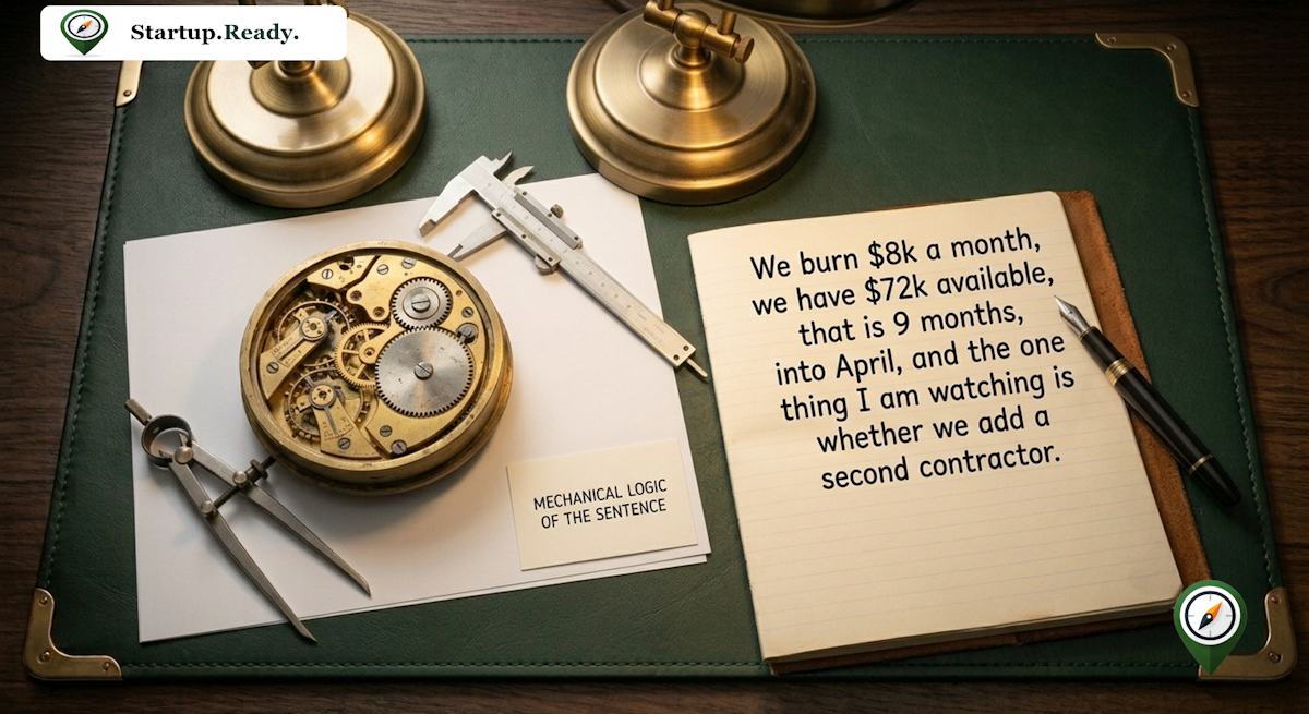 Startup financial logic illustration explaining monthly burn tracking, available capital ratio mapping, timeline projection, expenditure decision trigger setting, and financial narrative formulation.
