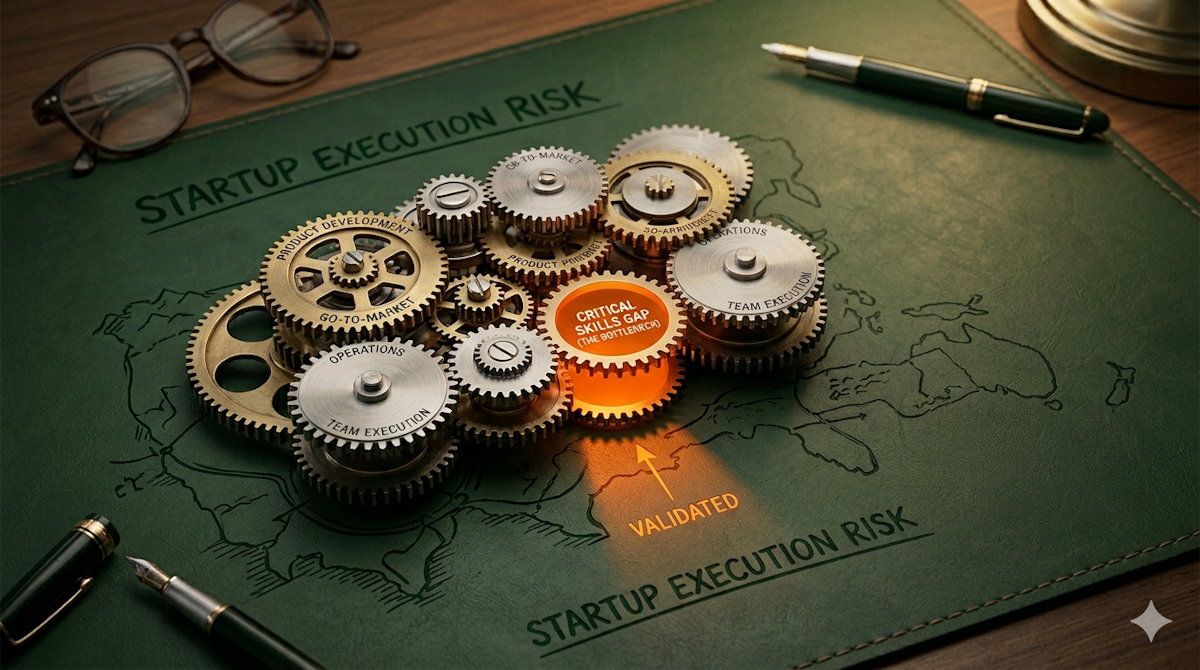 A macro photograph of a complex mechanical gear system made of brushed steel and brass, resting on a forest green leather desk mat. Several interlocking gears are labeled ‘Product Development,’ ‘Go-to-Market,’ and ‘Operations.’ In the center of the mechanism, a single gear is missing, leaving a void illuminated by a glowing signal orange light labeled ‘CRITICAL SKILLS GAP (THE BOTTLENECK).’ The desk mat beneath is embossed with the words ‘STARTUP EXECUTION RISK’ in green. The background features blurred reading glasses and a fountain pen, symbolizing a diagnostic assessment of organizational bottlenecks.