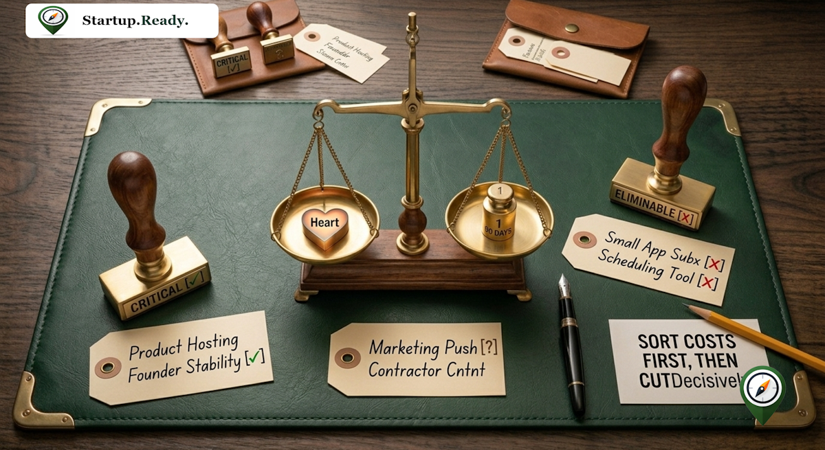 Startup expense audit illustration explaining critical cost identification, eliminable expense sorting, marketing spend evaluation, decisiveness in cost cutting, and runway preservation strategy.