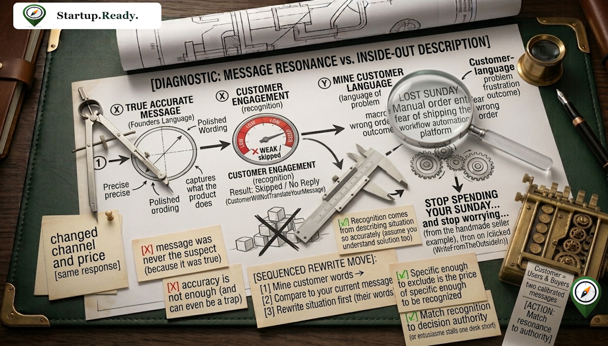 Startup messaging diagnostic illustration contrasting accurate founder-side product descriptions against customer-language problem recognition, mapping a sequenced rewrite process to match decision authority.