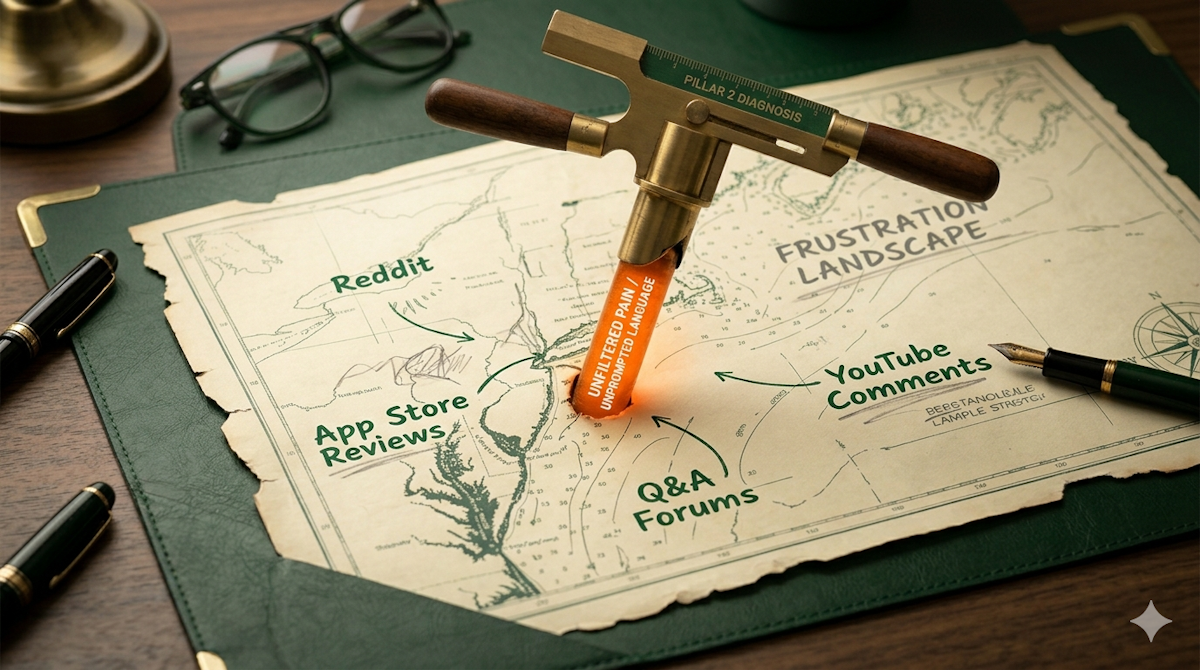 A macro photograph of a heavy brass-and-wood core sampling tool, labeled ‘PILLAR 2 DIAGNOSIS,’ driven into a tattered parchment map titled ‘FRUSTRATION LANDSCAPE.’ The tool has extracted a glowing signal-orange core sample that clearly reads ‘UNFILTERED PAIN / UNPROMPTED LANGUAGE.’ The map is annotated with green ink labels for ‘Reddit,’ ‘App Store Reviews,’ and ‘YouTube Comments.’ The scene is set on a dark green leather desk mat with a fountain pen and professional reading glasses, reinforcing a scholarly, diagnostic approach to customer research.