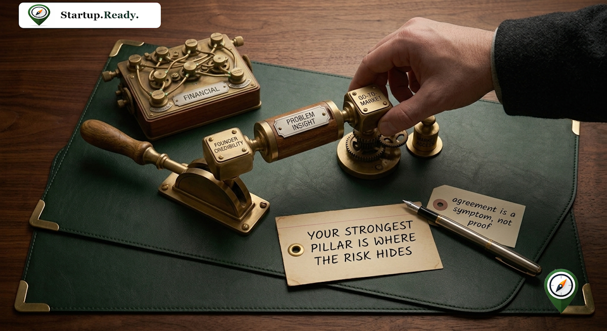 Startup strength-trap diagnostic illustration explaining hidden pillar risk, false agreement detection, founder bias mitigation, core leverage evaluation, and objective validation testing.