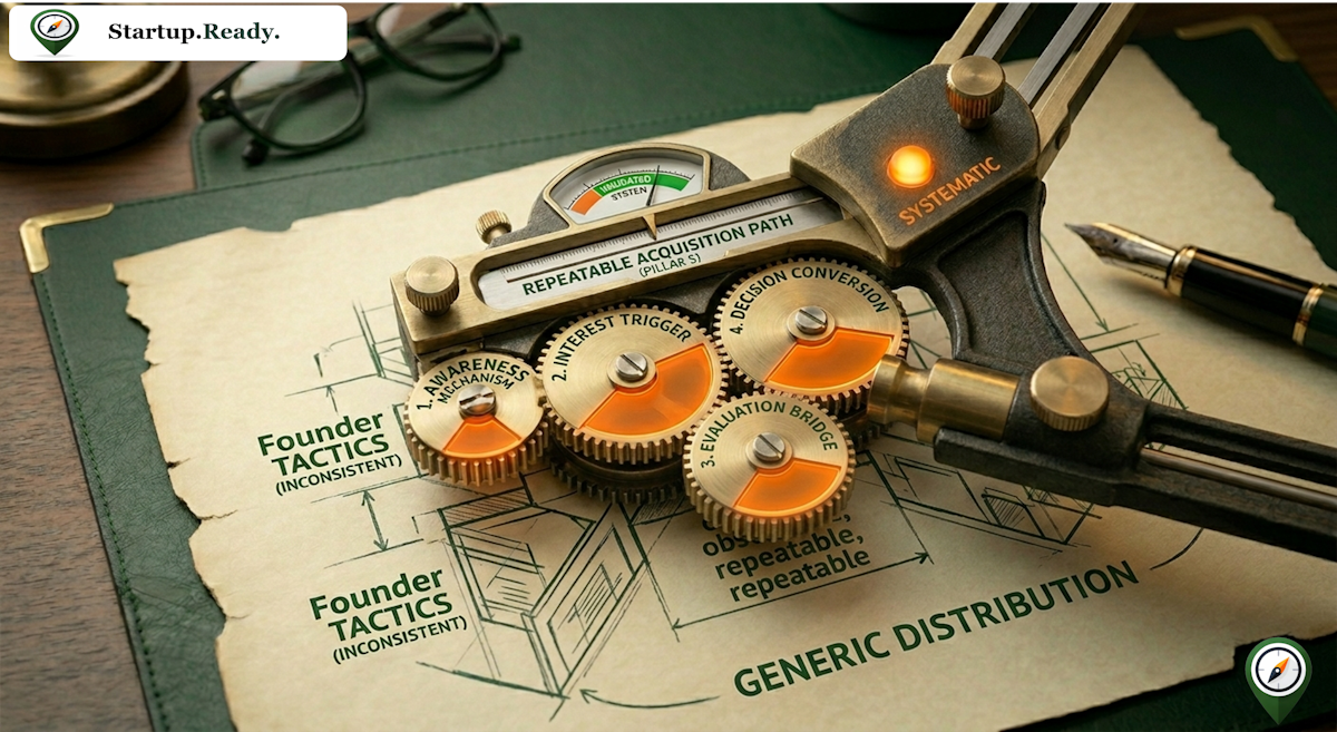 Startup acquisition illustration contrasting inconsistent founder tactics against systematic, repeatable acquisition paths consisting of awareness mechanisms, interest triggers, evaluation bridges, and decision conversion.
