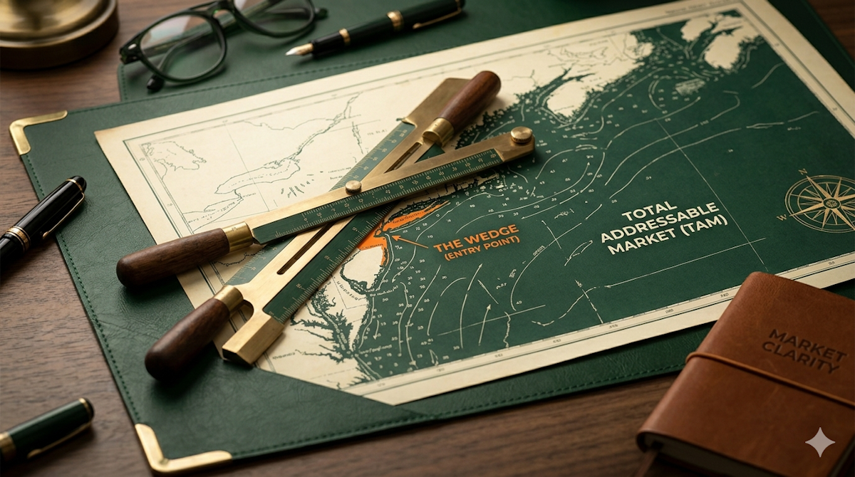 A top-down photograph of a dark green leather desk mat holding a vintage brass parallel ruler precisely aligned over a detailed nautical chart. The ruler's locked edge points directly to a small, distinct inlet on a labeled coastline colored in signal orange and clearly marked in white text: 'THE WEDGE (ENTRY POINT)'. The surrounding vast ocean expanse on the map is labeled in white text as 'TOTAL ADDRESSABLE MARKET (TAM)'. The perspective is a close-up, focusing on the ruler and the specific entry point, with a pair of folded professional reading glasses and an open fountain pen blurred in the background, maintaining a professional, research-based aesthetic.