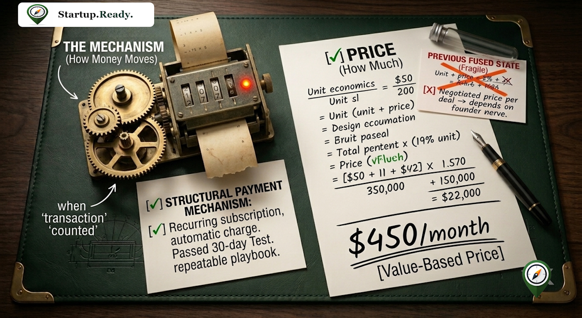 Startup pricing diagnostic illustration explaining structural payment mechanism design, value-based pricing calculations, fragile deal-by-deal negotiation traps, unit economic validation, and recurring subscription playbooks.