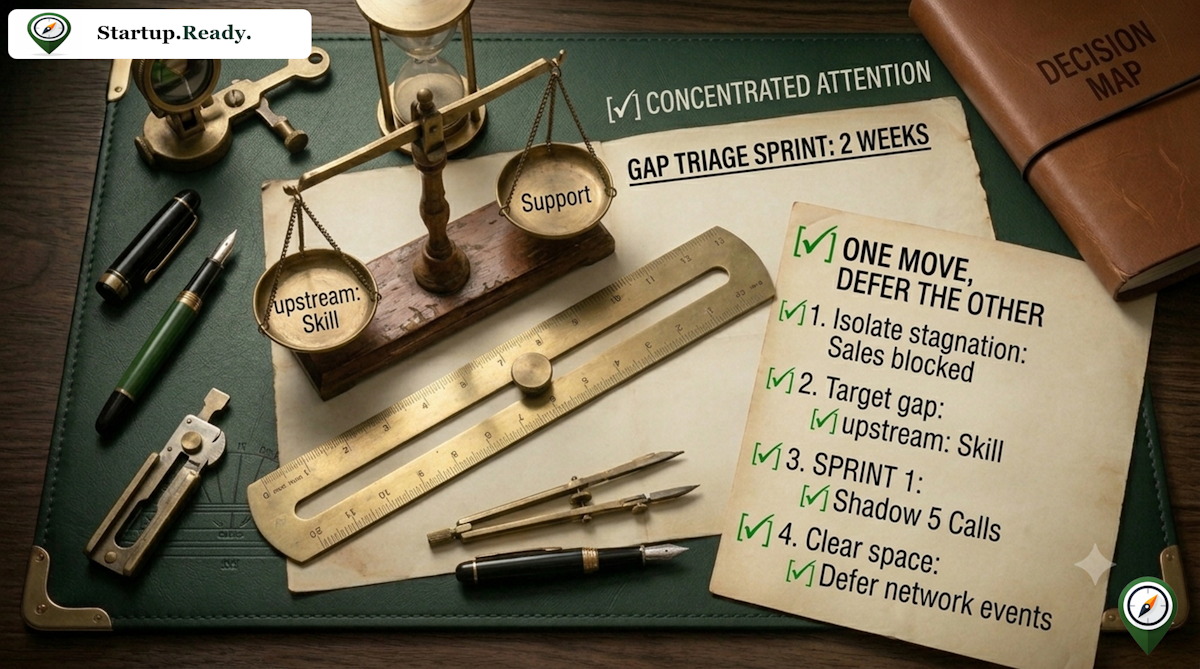 Startup customer research illustration explaining a 2-week gap triage sprint to isolate sales stagnation, target upstream skill gaps, and defer non-essential networking events.