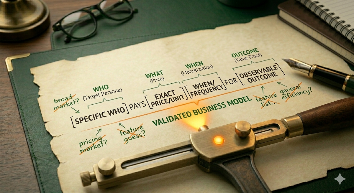 A macro photograph of a professional brass drafting tool resting on cream parchment, which is laid over a forest green leather desk mat. The document features a structural formula in bold black ink: ‘[SPECIFIC WHO] PAYS [EXACT PRICE/UNIT] [WHEN/FREQUENCY] FOR [OBSERVABLE OUTCOME].’ Above each bracket, green labels identify the components as ‘WHO (Target Persona),’ ‘WHAT (Price),’ ‘WHEN (Monetization),’ and ‘OUTCOME (Value Proof).’ Several orange-crossed-out phrases like ‘broad market?,’ ‘feature guess?,’ and ‘general efficiency?’ highlight common errors. A signal orange light on the drafting tool illuminates the bottom line: ‘VALIDATED BUSINESS MODEL.’ The desk is complete with a fountain pen and reading glasses, maintaining a scholarly, diagnostic aesthetic.