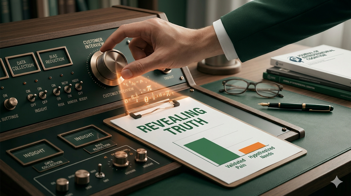 A professional desktop scene featuring a high-end bronze and forest green control panel where a hand adjusts a 'Customer Interview' dial. On a nearby clipboard, a data visualization titled 'Revealing Truth' shows 'Validated Pain' emerging from 'Hypothesized Needs,' representing the Startup Readiness Framework methodology.