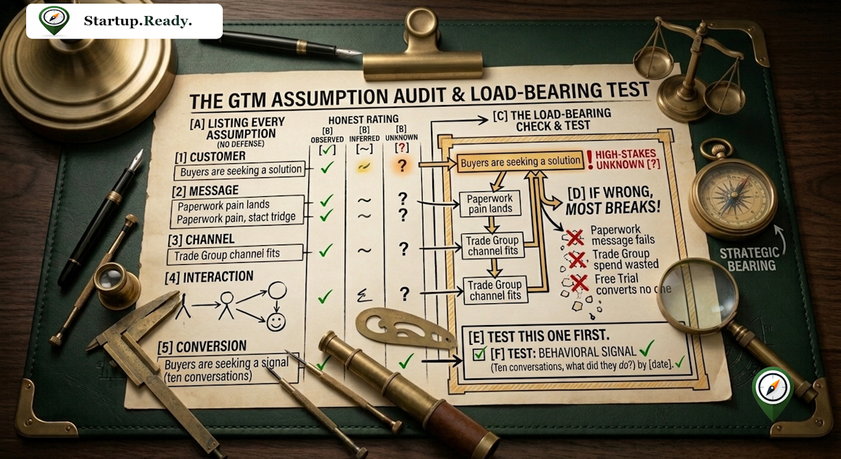 Go-to-market load-bearing audit rating assumptions as observed, inferred, or unknown to isolate high-stakes risks that trigger systemic failure across messaging, channels, and conversion paths.