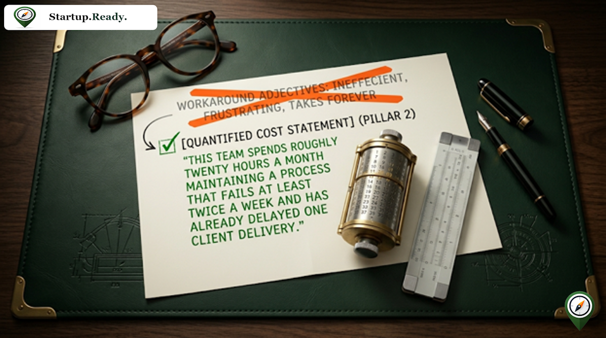 Startup customer research illustration explaining problem validation, replacing vague workaround adjectives like "inefficient" and "frustrating" with quantified cost statements measuring specific time loss and process failure impact.