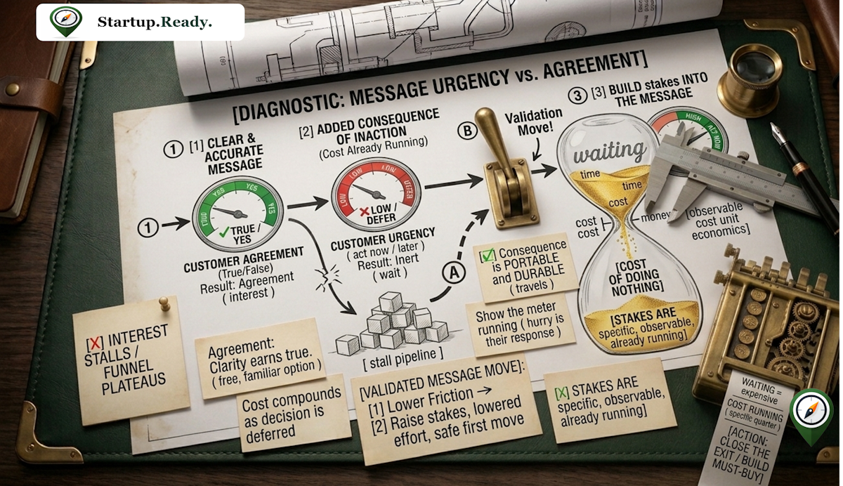 Startup sales diagnostic illustration analyzing message urgency versus agreement, detailing how to convert passive customer interest into action by making the cost of inaction portable, durable, and specific.