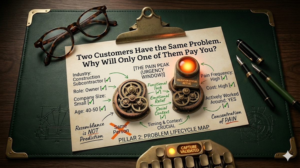 An overhead photograph on a dark green leather desk mat shows an aged parchment clipboard. The clipboard is titled 'Two Customers Have the Same Problem. Why Will Only One of Them Pay You?' A mechanical brass gear device and a glowing orange 'Validated' light are integrated into the diagrams. The left side lists customer demographics and is covered by an orange 'X' marked 'SAME PERSON', with a note 'Resemblance is NOT Prediction'. Green arrows point to the mechanical system labeled 'Functional Task', 'Emotional Relief', and 'Social Context'. The right side lists pain criteria and is marked with green checks: 'Pain Frequency: High', 'Cost: High', 'Actively Worked Around: YES'. The final note says 'Concentration of PAIN', leading to the orange indicator light. A 'Pillar 2' label is at the bottom, and a 'Validated' status note rests next to two fountain pens and tortoiseshell glasses.