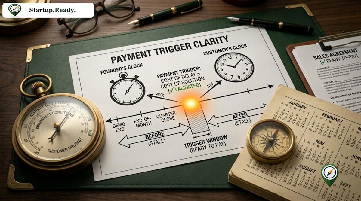 Startup sales illustration explaining payment trigger clarity, mapping founder's clock against customer's clock to locate the ready-to-pay trigger window where the cost of delay outweighs the cost of the solution.