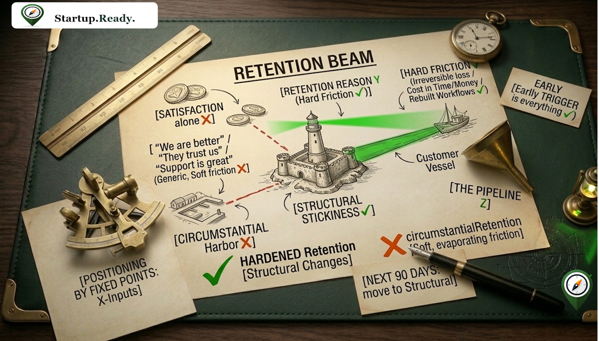 Startup retention strategy illustration evaluating structural stickiness, showing how hard friction like rebuilt workflows and switching costs creates hardened retention while soft friction and satisfaction alone lead to churn.
